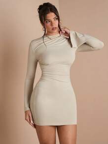 SHEIN BAE Đầm ôm body tay dài cổ bẻ cho nữ, thích hợp mặc vào mùa thu/đông, trang phục hàng ngày/công sở - Màu be - Xem 1