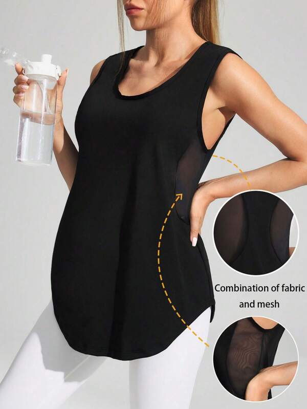 SHEIN توب رياضي أكمام بلا أكمام، بياقة طاقم، لون أحادي مع حاشية غير متماثلة، مناسب للنساء الحوامل ، صيفي