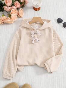 Áo nỉ kiểu dáng rộng rãi, vai rớt, thời trang thường ngày cho bé gái tuổi teen đi học, họa tiết bướm, thích hợp cho mùa thu. - Màu be - Xem 1