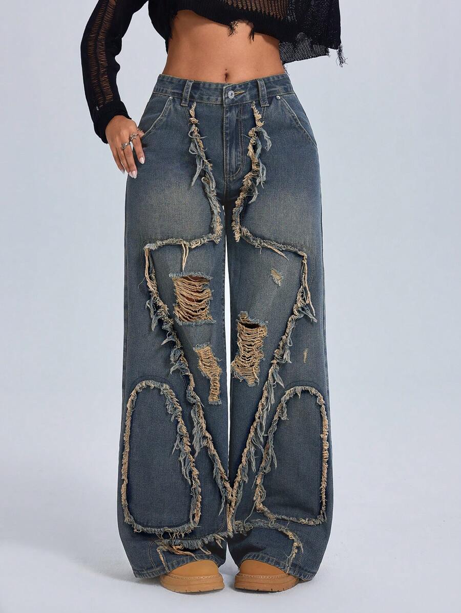 SHEIN ICON 时尚女式复古宽腿牛仔裤 脏脏洗水做旧 - 深色水洗藍 - 查看 1