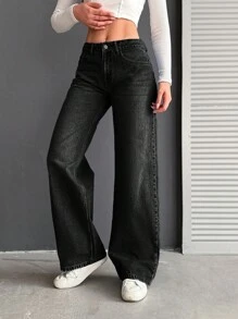 Cottnline Low Waist Wide Leg Medium Wash - Black - View 4