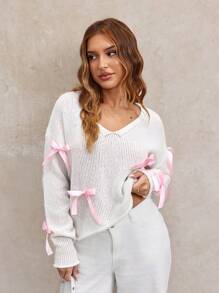 SHEIN SXY Warm, Cute And Sexy Bowknot White Sweater, Suitable For Autumn And Winter - Beige - View 7