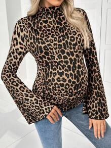 SHEIN 孕妇休闲日常豹纹百褶修身长袖衬衫，秋季