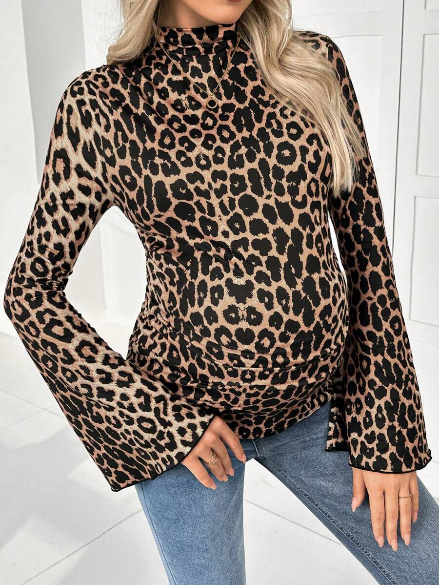 SHEIN 孕妇休闲日常豹纹百褶修身长袖衬衫，秋季