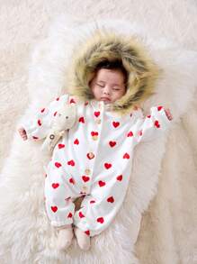 SHEIN Newborn Baby Girl Cute White Heart Pattern Fleece Hooded Jumpsuit, Autumn/Winter - White - View 4