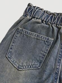 SHEIN Young Girl Distressed Light Blue Elastic Waist Ruffle Trim Denim Jeans - Medium Wash - View 4