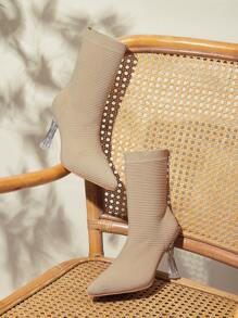 CUCCOO BASICS 时尚杏色高跟尖头弹力针织踝靴，适合通勤、约会、聚会、节日和度假，适合圣诞节和新年假期氛围秋冬季 - 杏色 - 查看 2