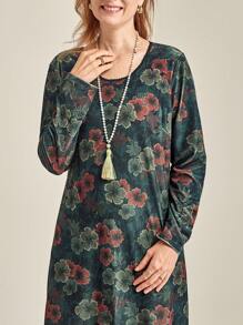 SHEIN Clasi Plus Size Women Floral Print Long Sleeve Dress, Vacation Style, Spring & Autumn Fall Cloth For Women - Multicolor - View 4