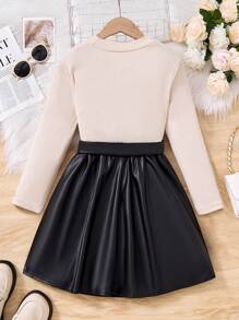 SHEIN 2 件套青少年女孩优雅休闲罗纹针织上衣 + 简约 PU 皮革腰裙（配腰带），秋冬 - 杏色 - 查看 2
