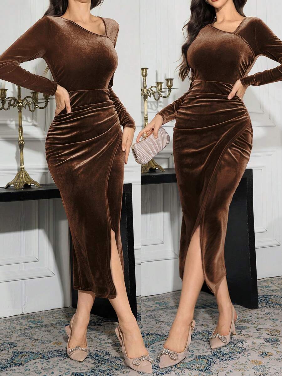 Modelyn Đầm Maxi Dài Tay Xếp Ly Cổ Bất Đối Xứng Màu Trơn Mùa Thu Cho Nữ Trang Phục Dạ Hội Dài - Cà phê nâu - Xem 1