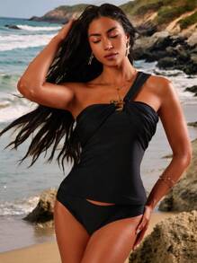 SHEIN Swim 1 pieza Conjunto de tankini con sujetador bandeau con copa drapeada y decoración metálica asimétrica para estilizar, para el verano