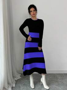Elenzga Women's Simple Striped Color Blocking Sweater Dress Fall Cloth For Women - Blue - View 3