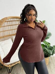 Slaydiva Plus Size Women Ribbed Collar Long Sleeve Fitted Polo Top With Faded Rose Print, Casual Basics - C