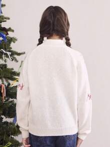 SHEIN Suéter holgado de punto casual de cuello alto con gráfico de letra para temporada navideña/de Año Nuevo para niñas preadolescentes, otoño/invierno