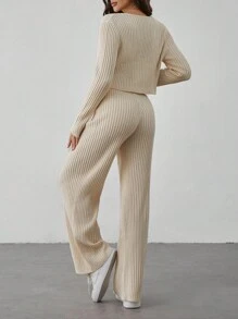 SHEIN Tall Khaki Ribbed Knit Cardigan & Knit Pants - Apricot - View 2