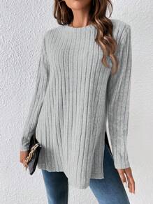 SHEIN Frenchy 女式纯色圆领长袖休闲宽松 T 恤，侧开衩下摆，秋冬