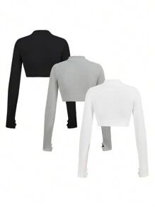 Easithlete Top corto de manga larga con cuello mao de unicolor para mujer, uso casual diario - Multicolor - Ver 2