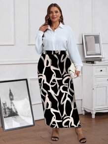 EMERY ROSE Plus Size Vrouwen Elegante All-Over Bedrukte Rechte Lange Rok, Winter Dameskleding