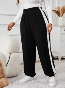 SHEIN VCAY 大码纯色拼接高腰简约休闲运动裤，日常穿着 - 黑色 - 查看 3