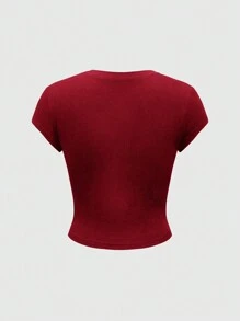 ROMWE Grunge Punk Áo thun bó sát phong cách Dark Punk Wasteland hiệu ứng rách rách tối giản phù hợp cho nữ - Đỏ - Xem 2