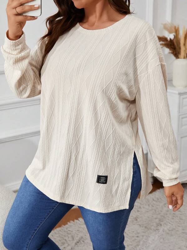 SHEIN VCAY Plus Size Women Letter Print Dropped Shoulder Crew Neck Long Sleeve Casual T-Shirt, Autumn