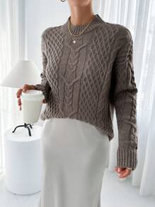 RueChic Women Round Neck Mixed Knit Detailed Sweater - Mocha Brown - View 6