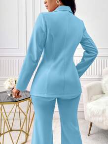 SOLERSUN Casual Solid Color Cinched Waist Blazer, Autumn - Blue - View 2