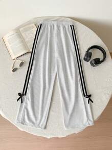 SHEIN Tween Girl Casual Straight Leg Sweatpants With Side Rib Panels & Bow Accent - Grey - View 2