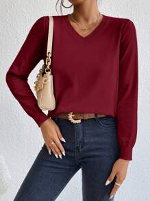 SHEIN Essnce Áo len dệt kim dáng rộng cổ chữ V màu trơn dài tay cho nữ, mùa thu/đông - Màu Hoa hồng đỏ - Xem 6