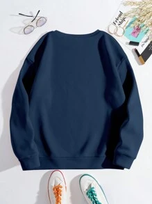 INAWLY 大码女式英文字母印花圆领长袖运动衫，秋冬季休闲款 - 藏蓝色 - 查看 2