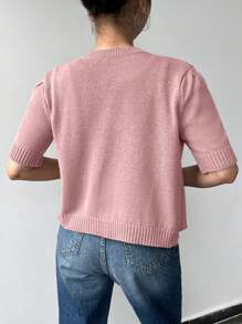 EURMUSE Gold Button Short Sleeve Elegant Cardigan - Pink - View 2