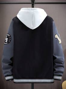 Aesthetic Post 男士休闲户外撞色字母植绒棒球夹克，秋季 - 黑色 - 查看 2