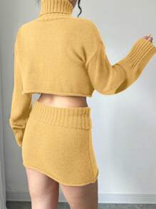 SHEIN Unity 2 件套纯色休闲长袖立领毛衣上衣和松紧腰裙针织套装 - 芥末黃 - 查看 2