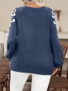 Calvaya 加大码圆领长袖仿珍珠装饰休闲套头毛衣，适合冬季秋季穿着 - 藏蓝色 - 查看 2