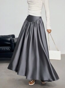 EastFlair 女士优雅高腰缎面长裙，适合派对和约会、圣诞节女士服装 - 杏色 - 查看 1