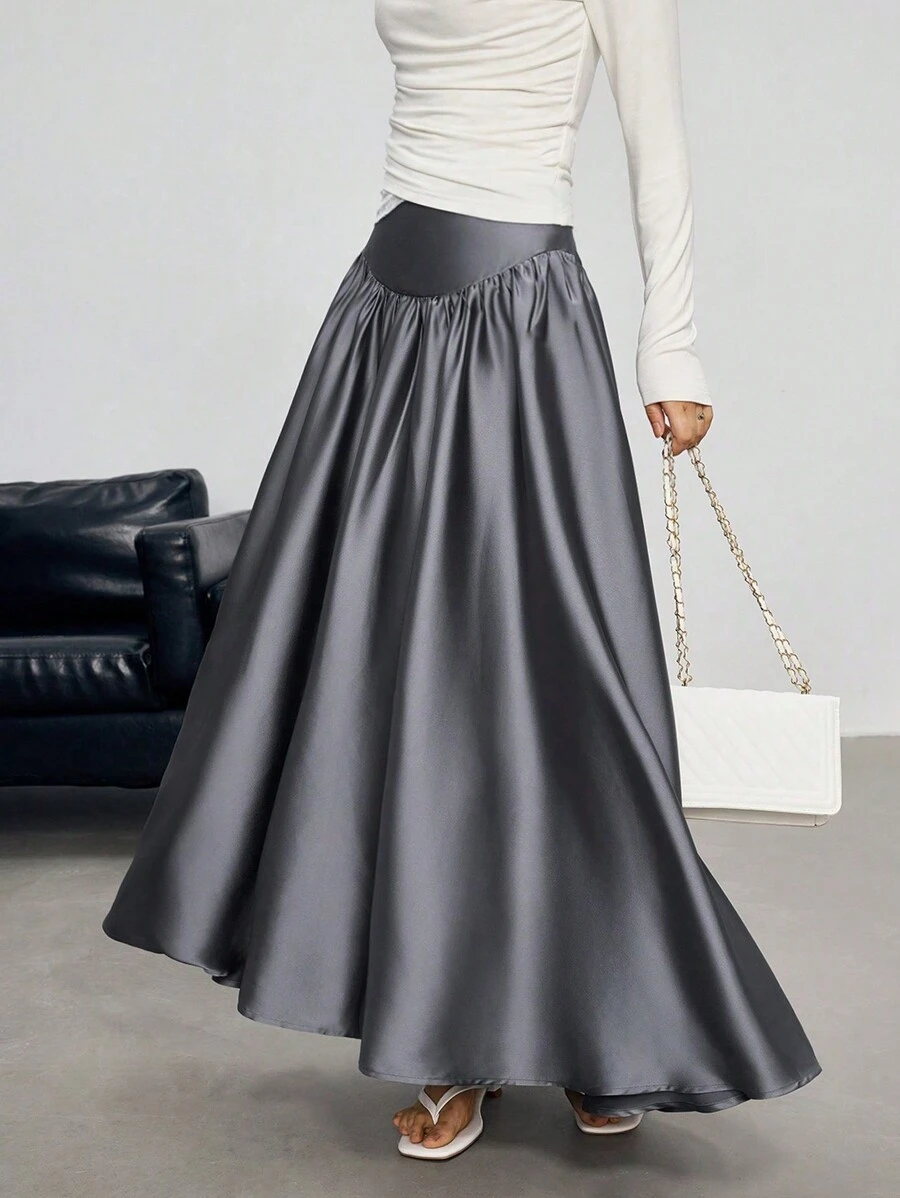 EastFlair 女士优雅高腰缎面长裙，适合派对和约会、圣诞节女士服装 - 杏色 - 查看 1