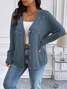 Vionelle Plus Size Bubble Knit Texture Cardigan, Suitable For Spring And Autumn, For Winter Fall Cloth For Women - Dusty Blue - View 4