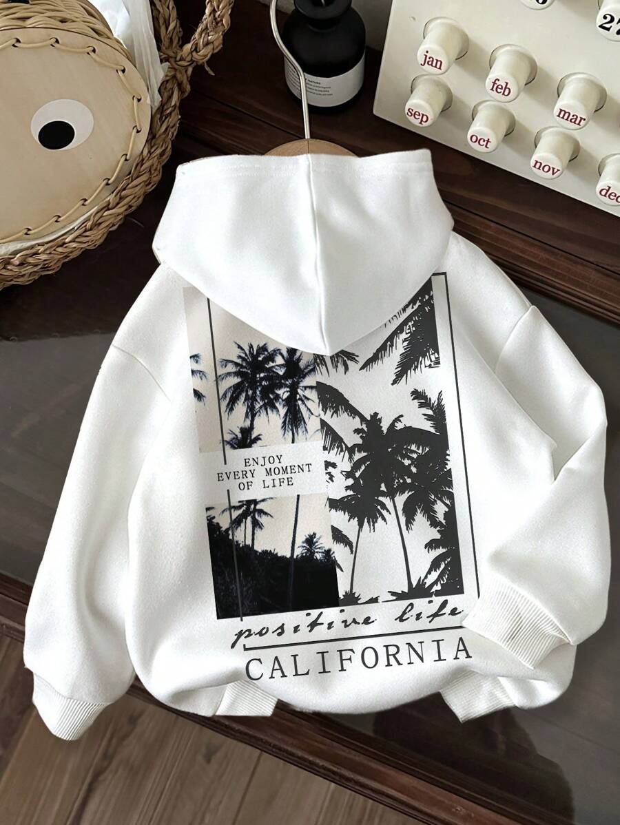 SHEIN 男童休闲卡通图案宽松加厚卫衣，适合秋冬季节穿着，衣服背面 - 白色 - 查看 1