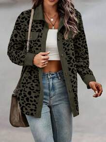 INAWLY Women Casual Leopard Patchwork Loose Shirt For Autumn Fall Cloth For Women - Dark Green - View 3