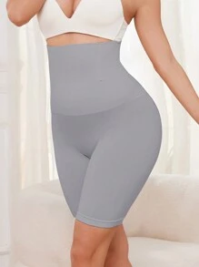 Solid Color High Waist Skinny Control Shorts, Suitable For Everyday Wear