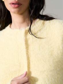 AiiRZ Fuzzy Knit Cropped Cardigan Fluffy Sweater Winter Fall Soft Cozy Warm Long Sleeve Casual Short Crop Top Outerwear - Yellow - View 3