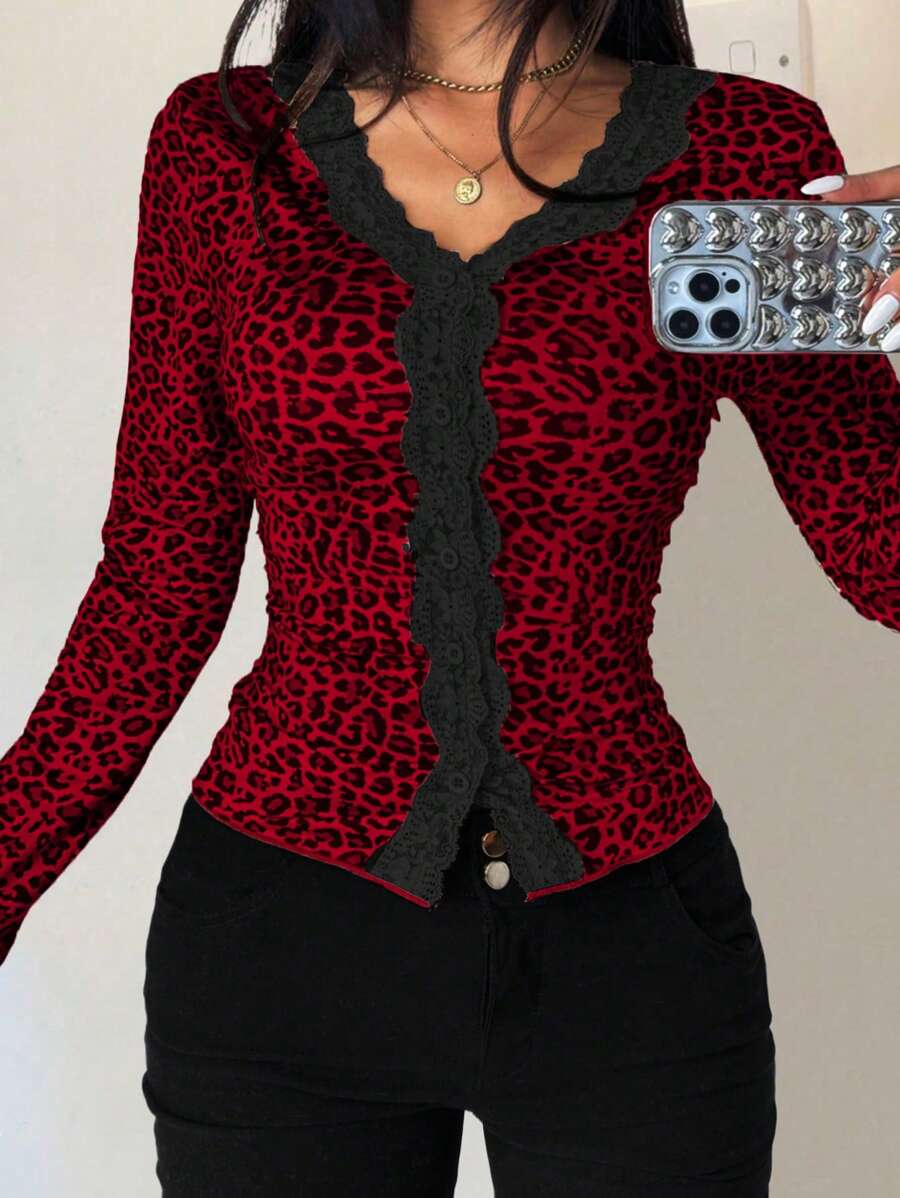 Chiquease Leopard Print Spliced Flounced Fitted Long Sleeve T-Shirt - Red - View 1