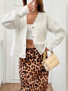 RueChic Cardigan V Neck Special Button Detail - White - View 7