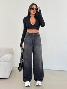 EURMUSE HIGH RISE STRAIGHT CUT RAW BELT JEAN - Dark Grey - View 6