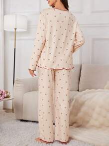 Maternity 2pcs Cherry Print Nursing Design Pajamas Set With Contrasting Lettuce Trim , Cozy And Elegant Details, Clothes, Fall & Winter