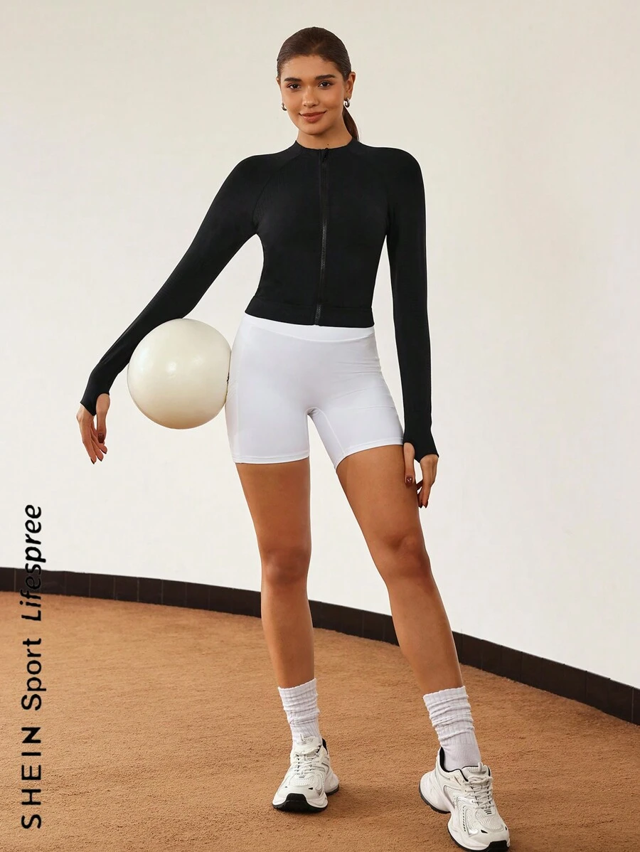 SHEIN With My Calm Seamless Women Sports Jacket, High Stretch Yoga Workout Outwear - Black - View 1