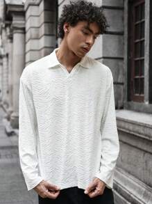 Manfinity VCAY Áo thun polo tay dài dáng rộng thoải mái hàng ngày cho nam, thời trang dệt kim trơn, dành cho bạn bè - trắng - Xem 3