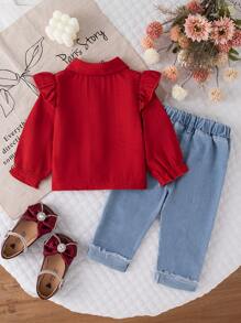 SHEIN Genkimix Kids Baby Girl Autumn Star Embroidery Shirt And Jeans Set