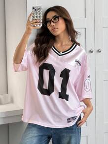 SHEIN EZwear Camiseta de manga corta suelta casual deportiva con de color, estampado digital y hombros caídos - Rosa - Ver 6
