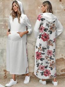 EMERY ROSE Women's Floral Print Pocket Long Sleeve Casual Hooded Sweatshirt Dress - White - View 1
